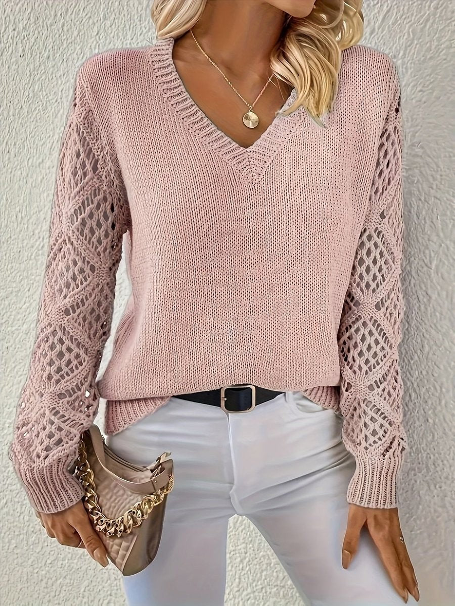 Marigold | Women's Regular Fit Hollow Sleeve Knit V-Neck Sweater
