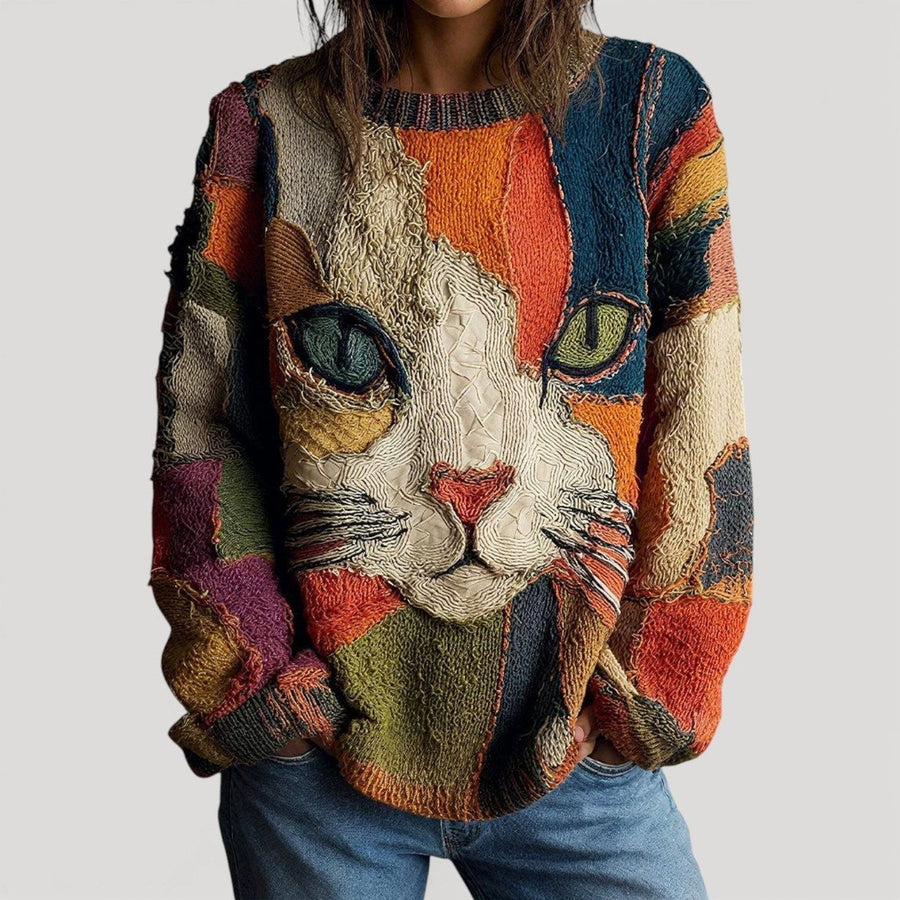 Isla | Women's Relaxed-Fit Artistic Cat-Print Knit Sweater
