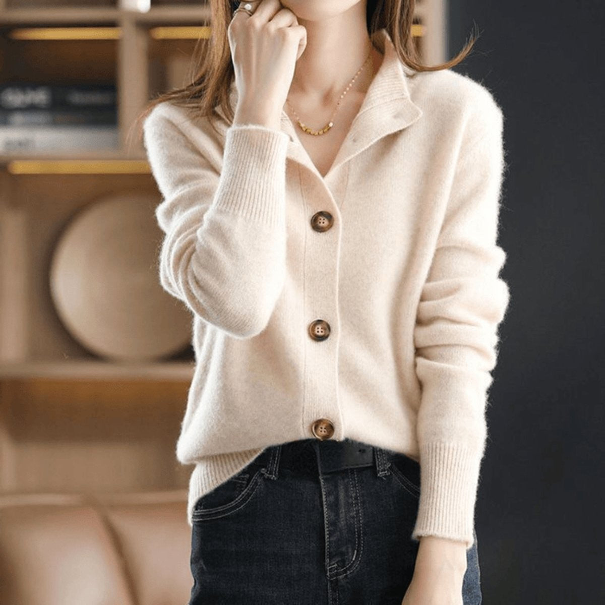 Adeline | Women's Relaxed-Fit Button-Front Mock-Neck Cardigan