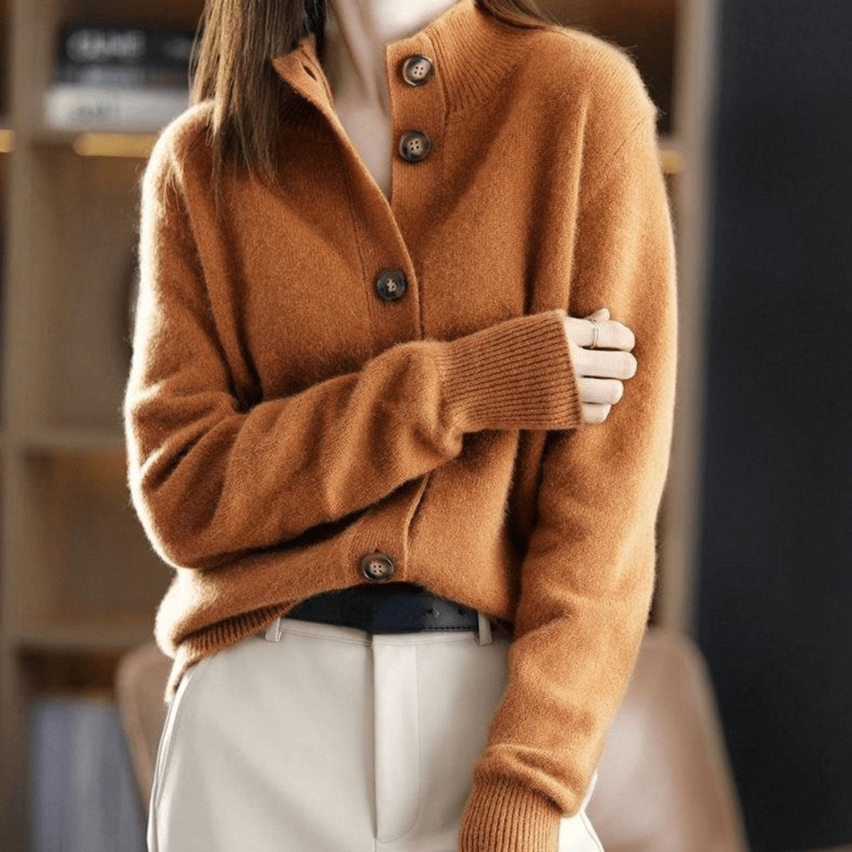 Adeline | Women's Relaxed-Fit Button-Front Mock-Neck Cardigan