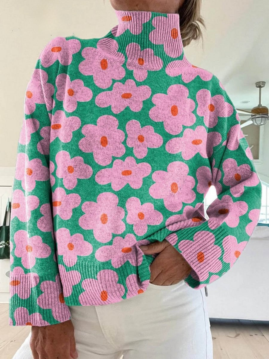 Marigold | Women's Relaxed Fit Floral Knit Turtleneck Sweater