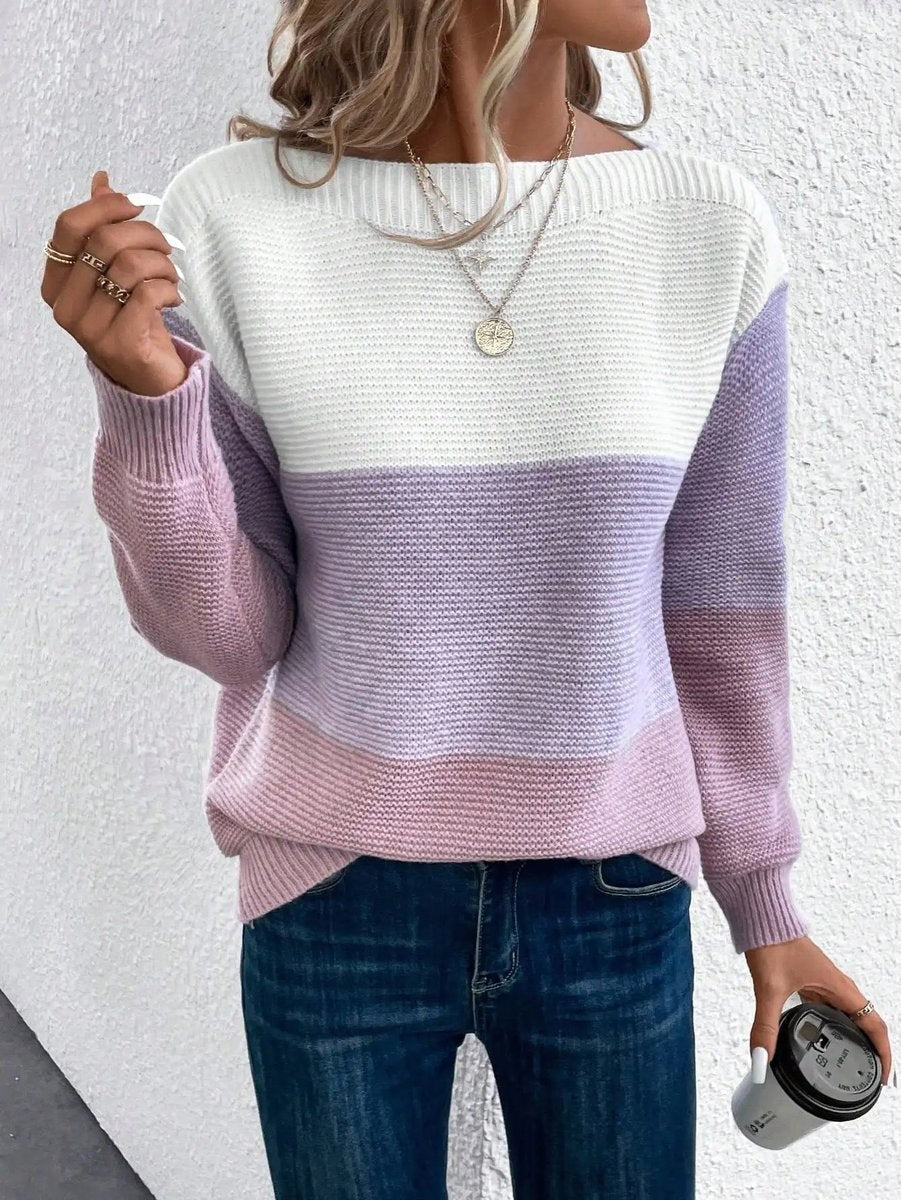 Marlowe | Women's Relaxed Fit Long Sleeve Color Block Knit Sweater