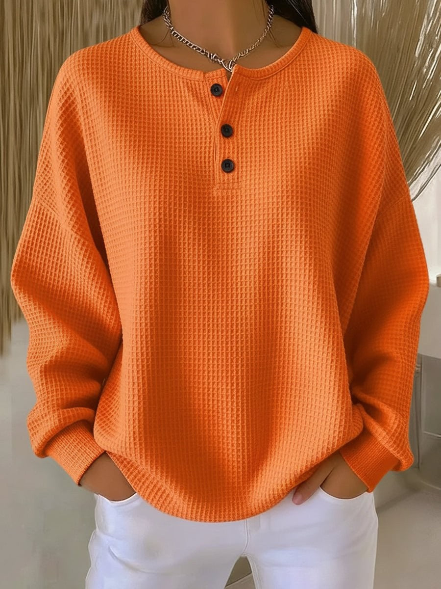 Margaux | Women's Relaxed-Fit Long Sleeve Henley Waffle Knit Sweater Top