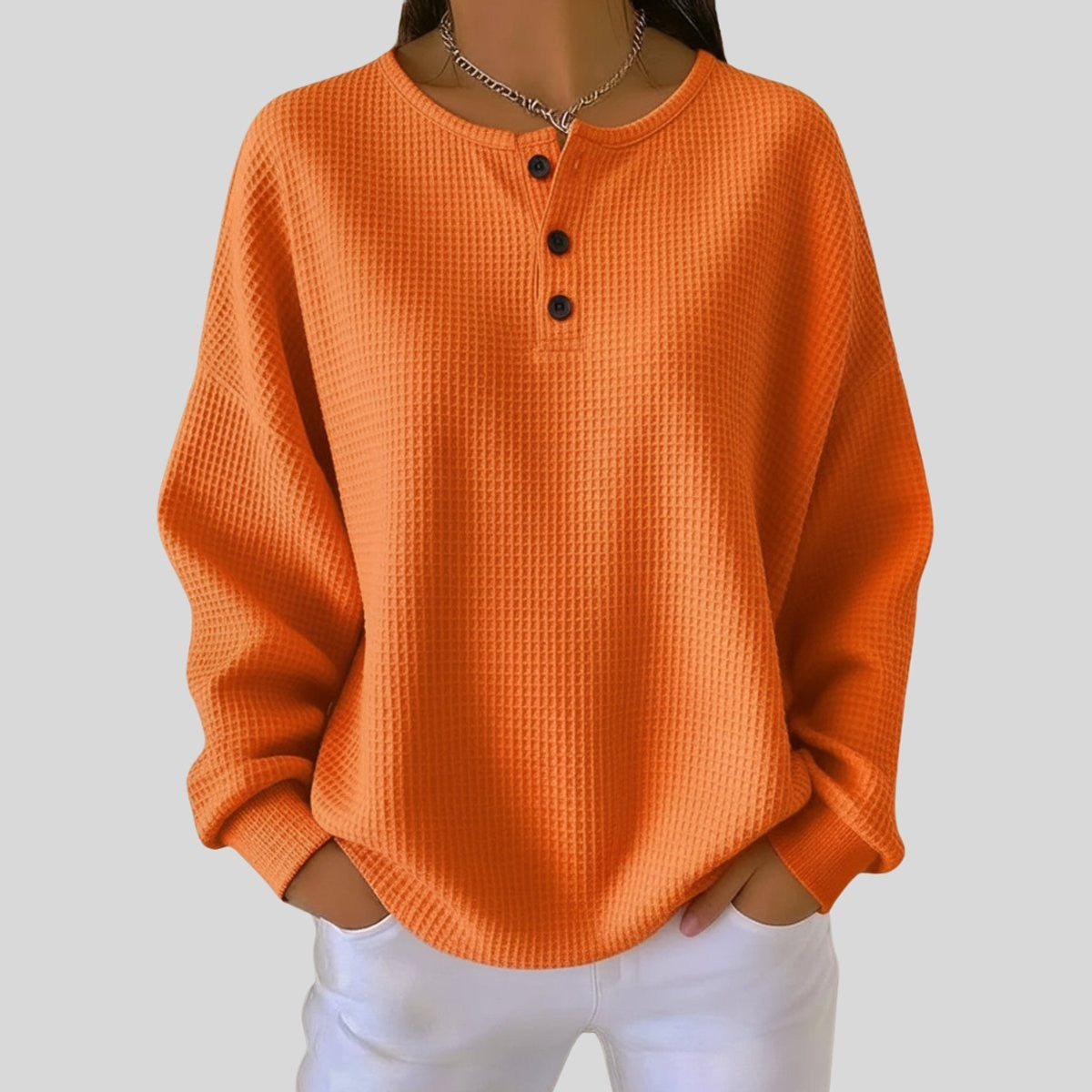 Margaux | Women's Relaxed-Fit Long Sleeve Henley Waffle Knit Sweater Top