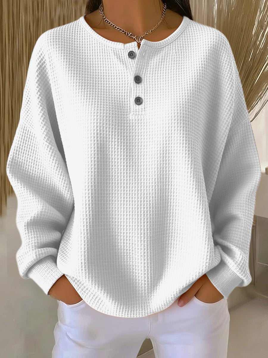 Margaux | Women's Relaxed-Fit Long Sleeve Henley Waffle Knit Sweater Top