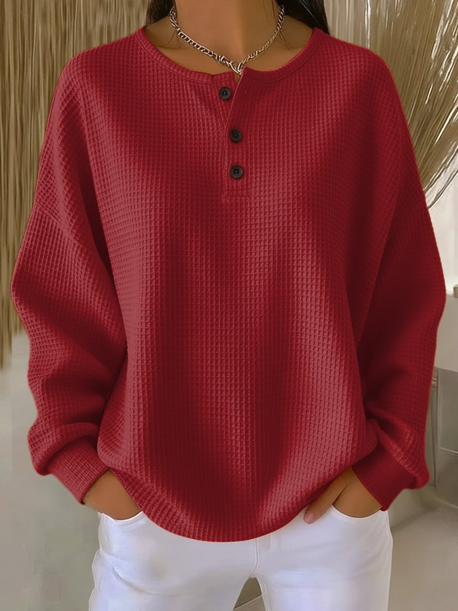 Margaux | Women's Relaxed-Fit Long Sleeve Henley Waffle Knit Sweater Top