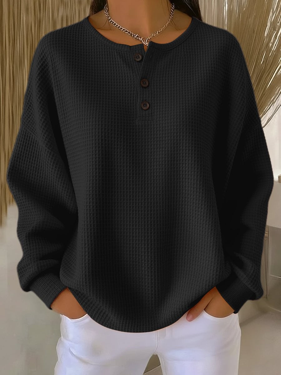 Margaux | Women's Relaxed-Fit Long Sleeve Henley Waffle Knit Sweater Top
