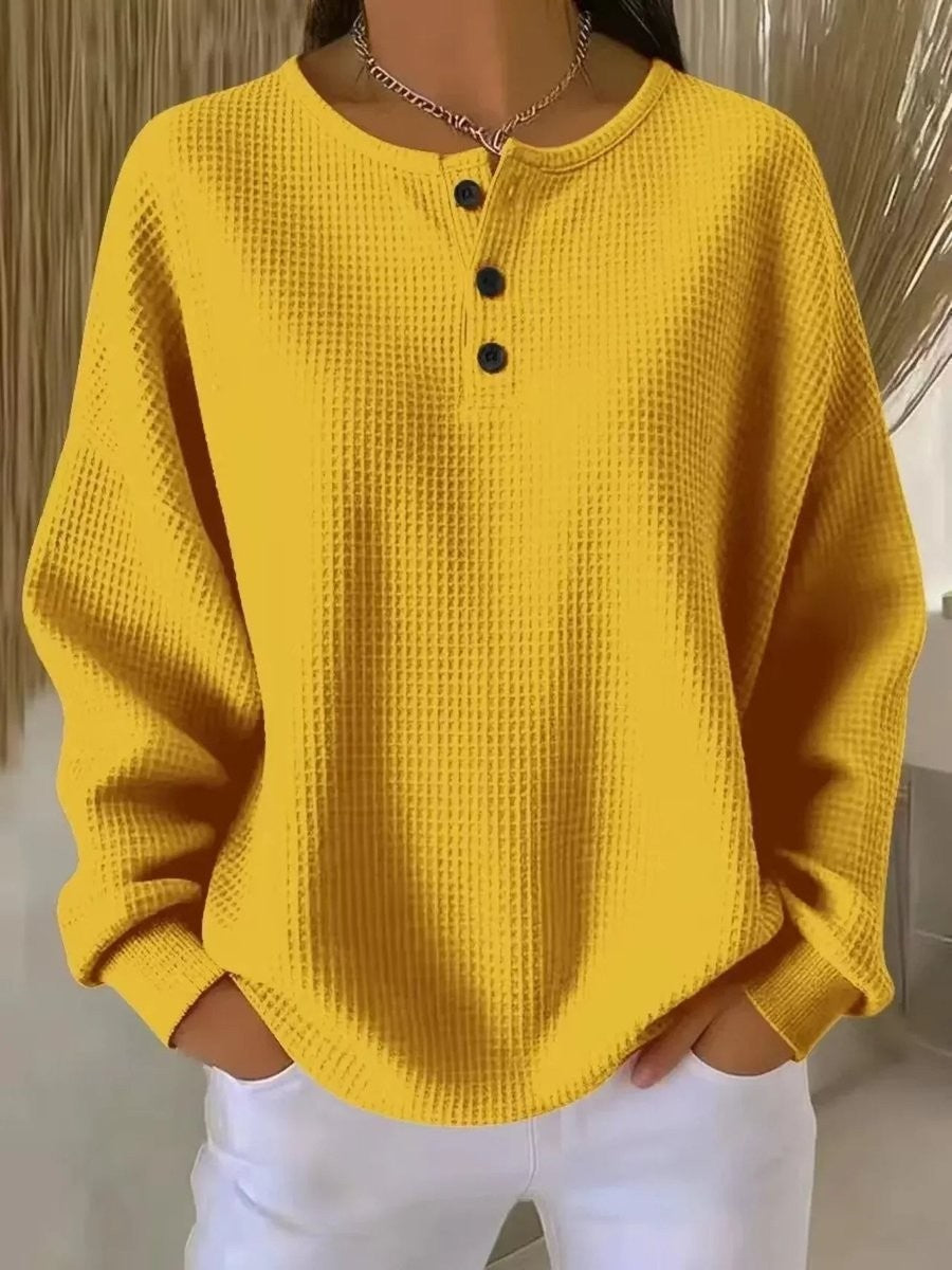 Margaux | Women's Relaxed-Fit Long Sleeve Henley Waffle Knit Sweater Top