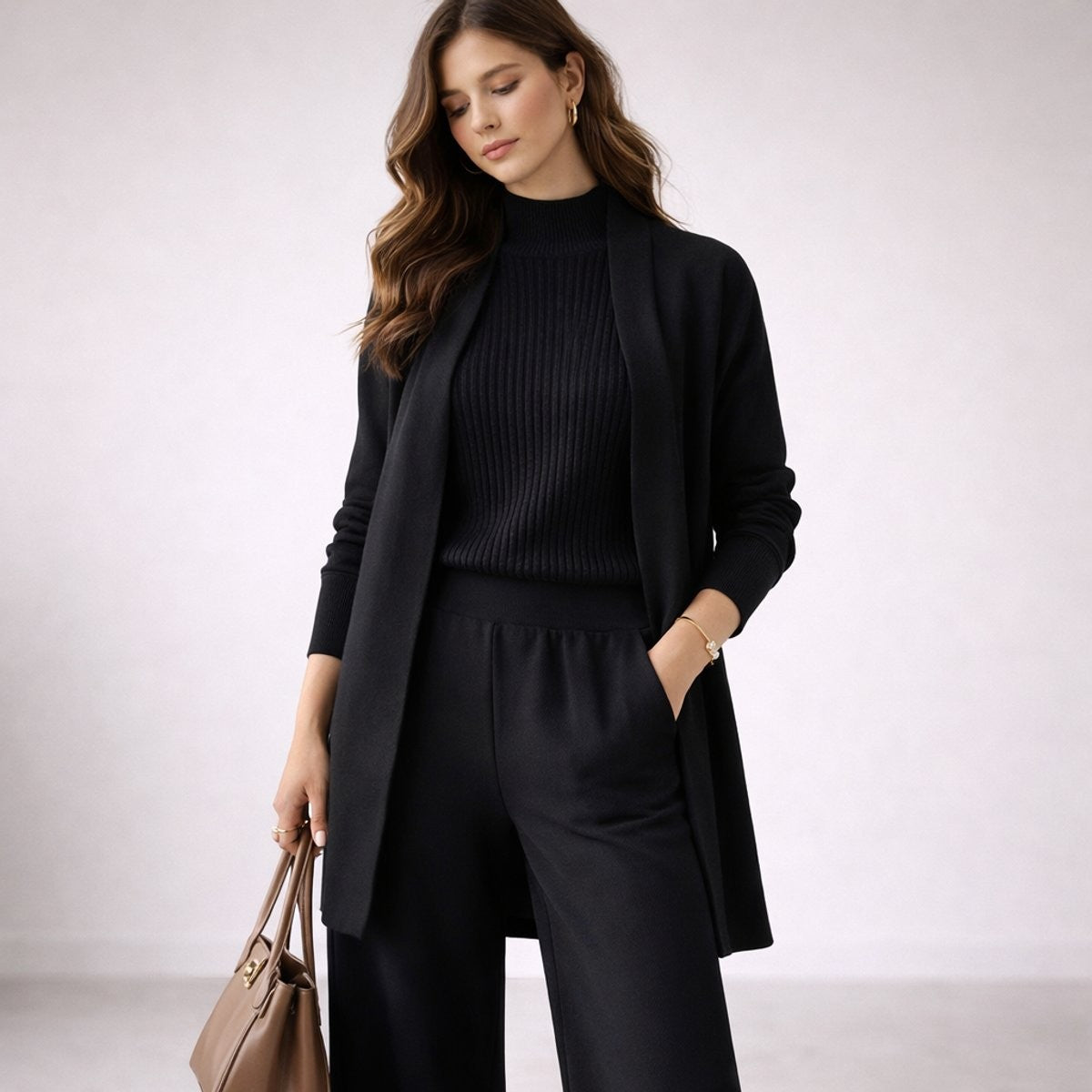 Camille | Women's Relaxed-Fit Three-Piece Mock-Neck Wide-Leg Longline Cardigan Lounge Set