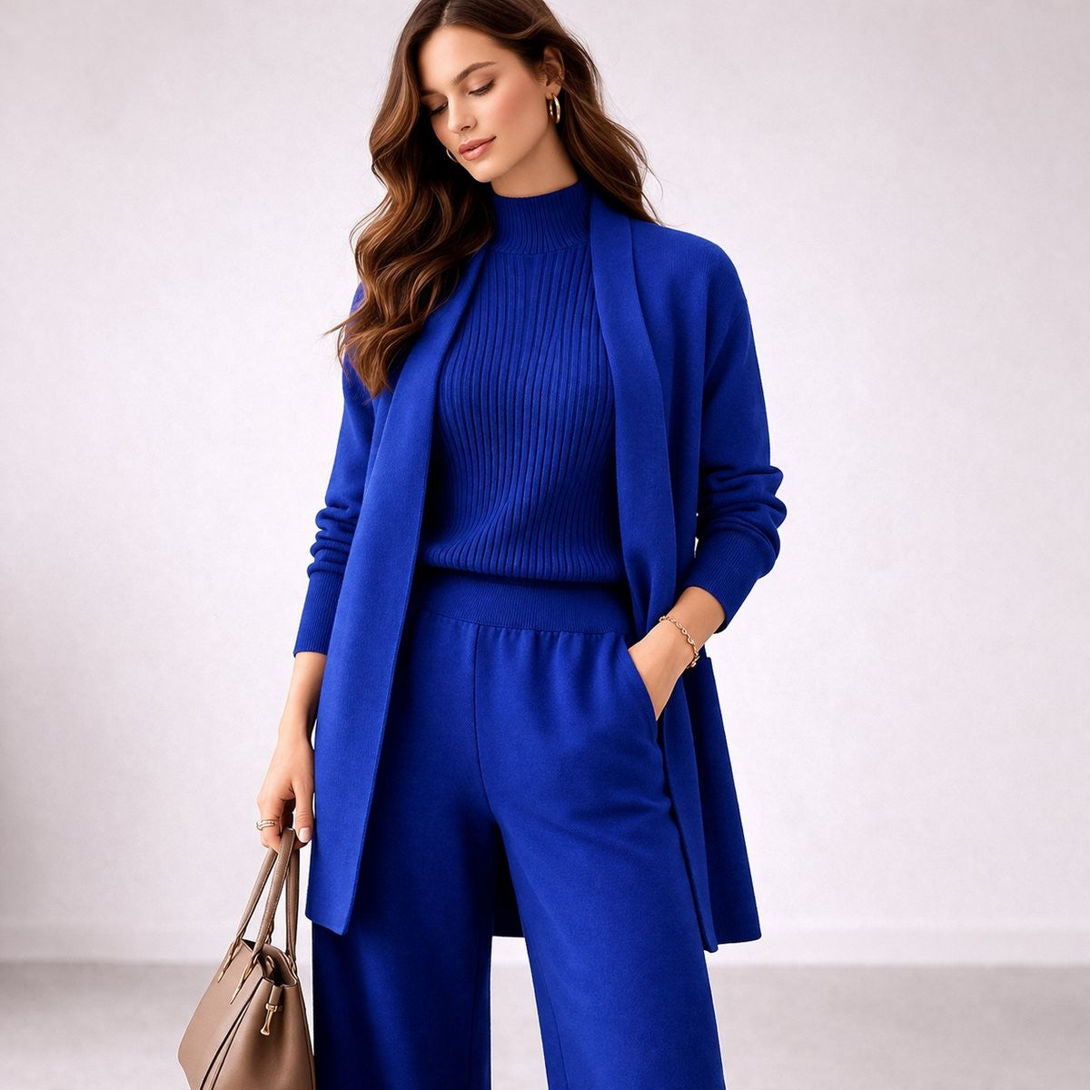 Camille | Women's Relaxed-Fit Three-Piece Mock-Neck Wide-Leg Longline Cardigan Lounge Set