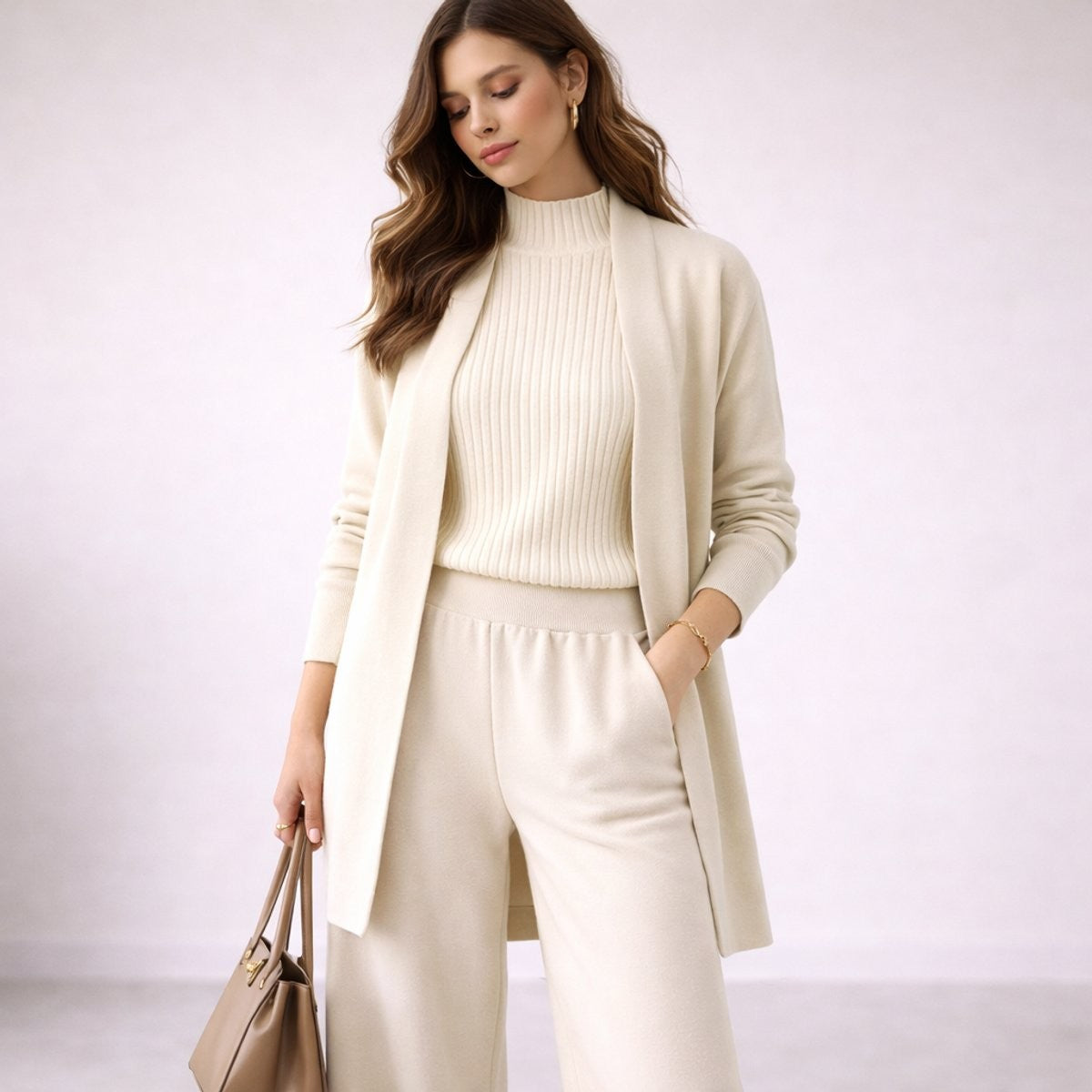 Camille | Women's Relaxed-Fit Three-Piece Mock-Neck Wide-Leg Longline Cardigan Lounge Set