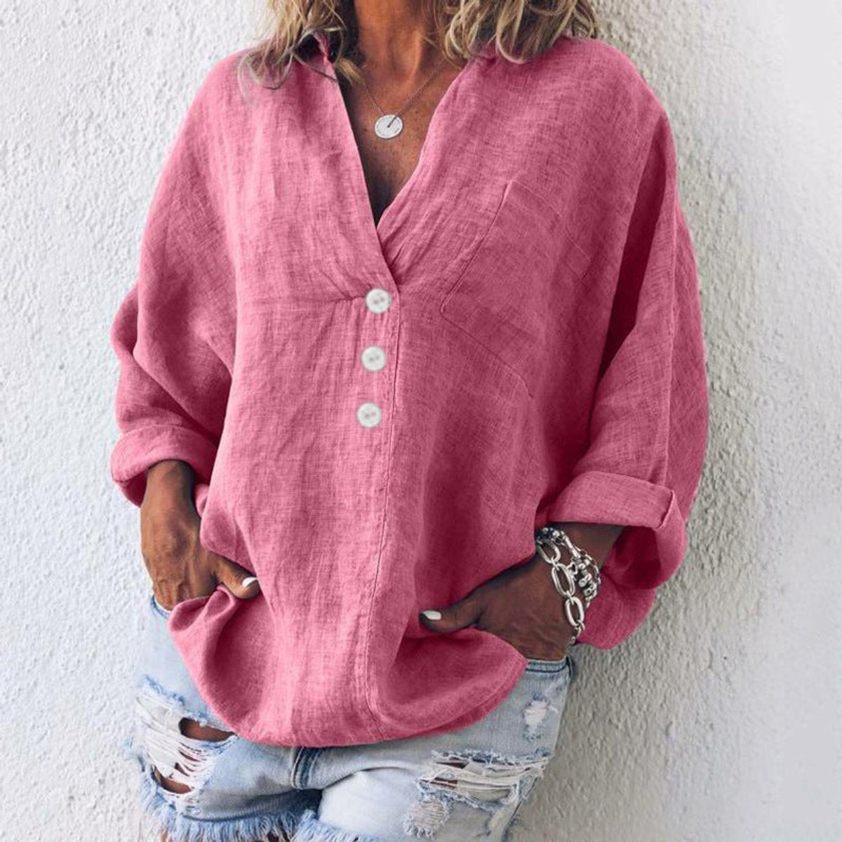 Sienna | Women's Relaxed-Fit V-Neck Button-Up Long-Sleeve Shirt