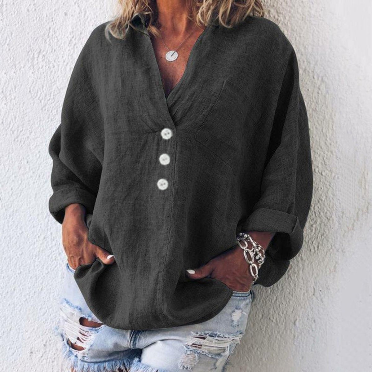Sienna | Women's Relaxed-Fit V-Neck Button-Up Long-Sleeve Shirt