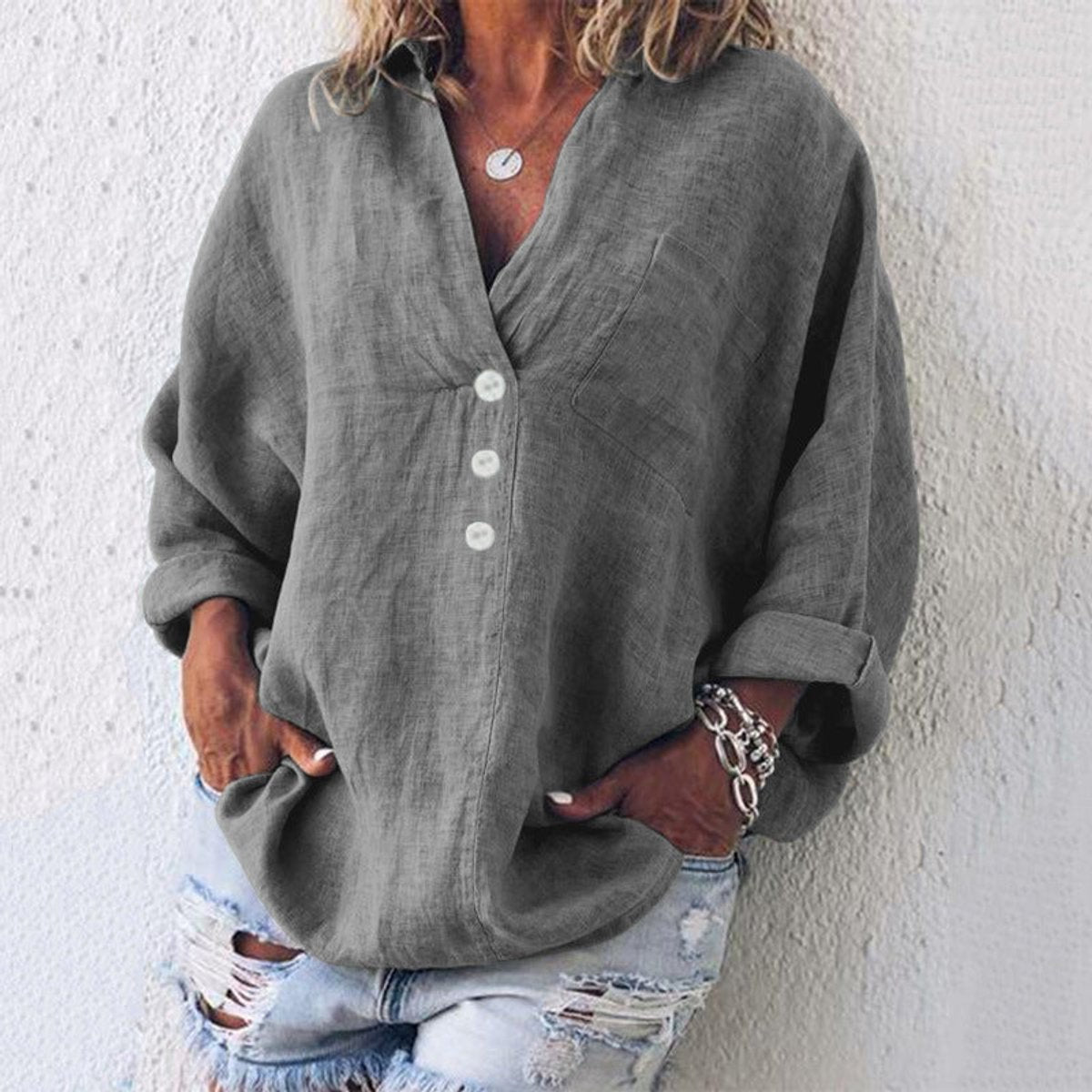 Sienna | Women's Relaxed-Fit V-Neck Button-Up Long-Sleeve Shirt
