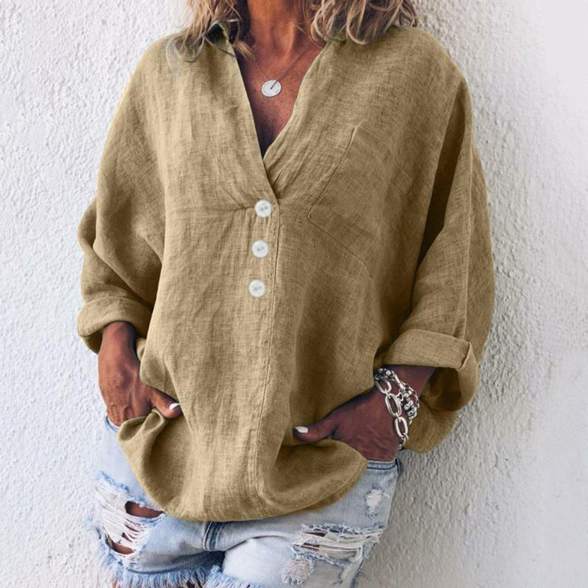 Sienna | Women's Relaxed-Fit V-Neck Button-Up Long-Sleeve Shirt