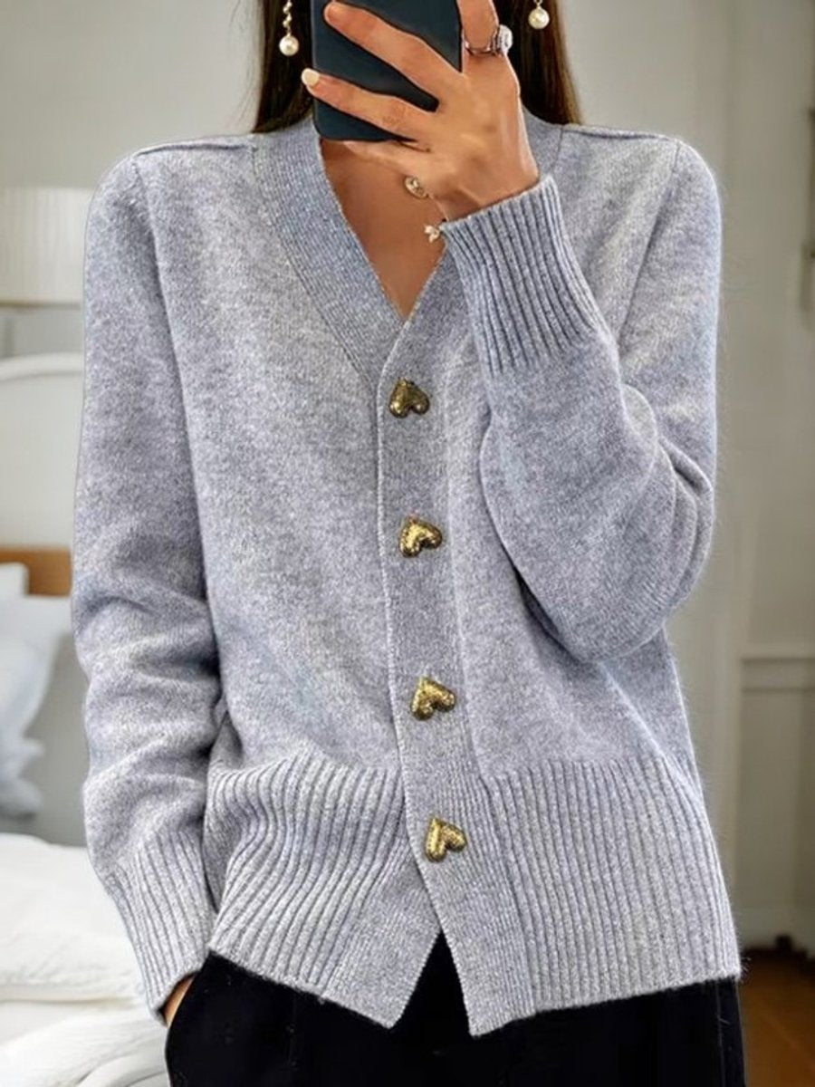 Josephine | Women's Relaxed-Fit V-Neck Heart-Button Longline Cardigan