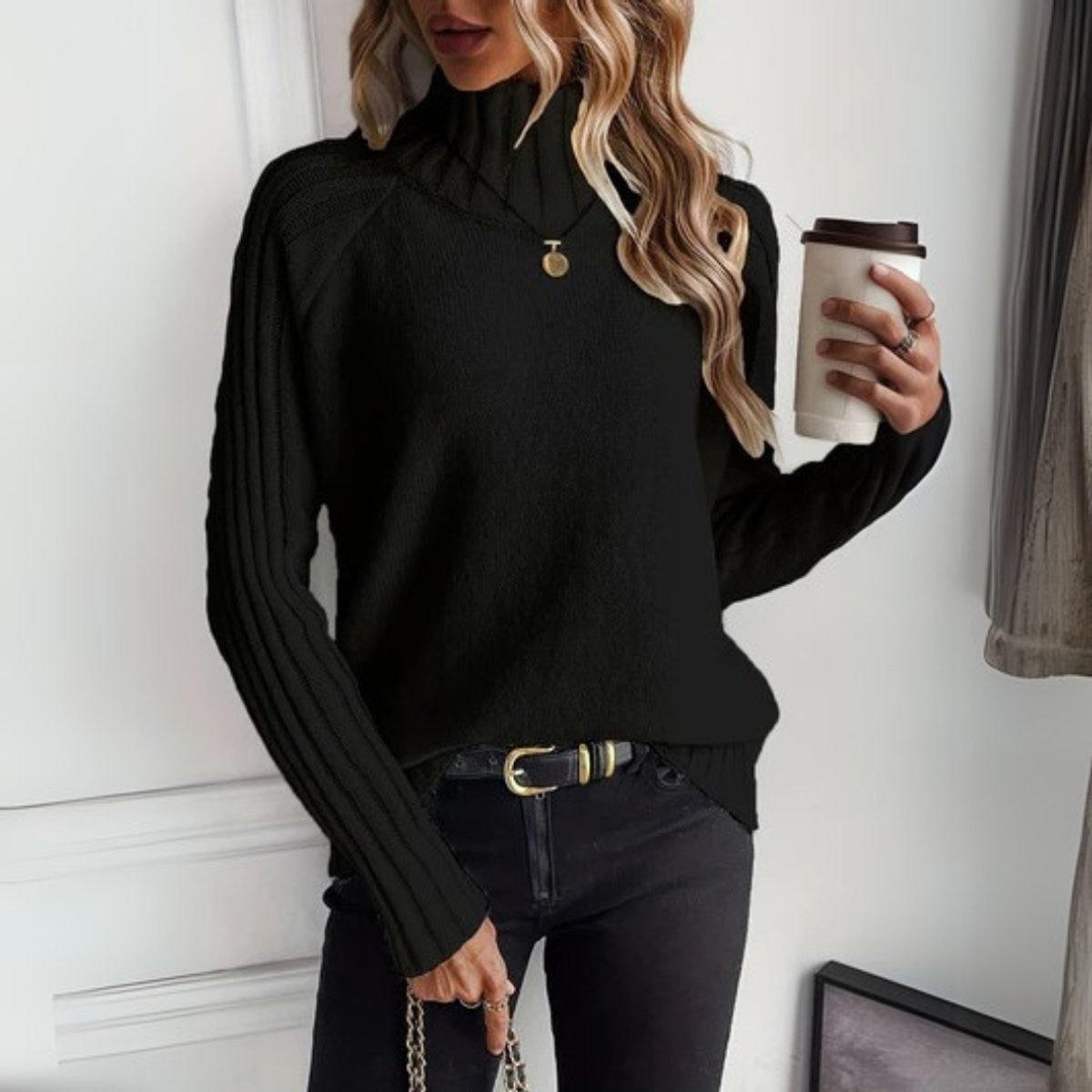 Sienna | Women's Ribbed Turtleneck Relaxed-Fit Raglan-Sleeve Sweater