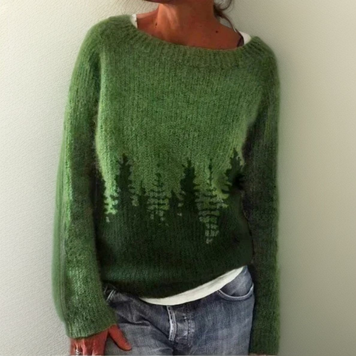 Marielle | Women's Round-Neck Forest Print Oversized Knit Sweater