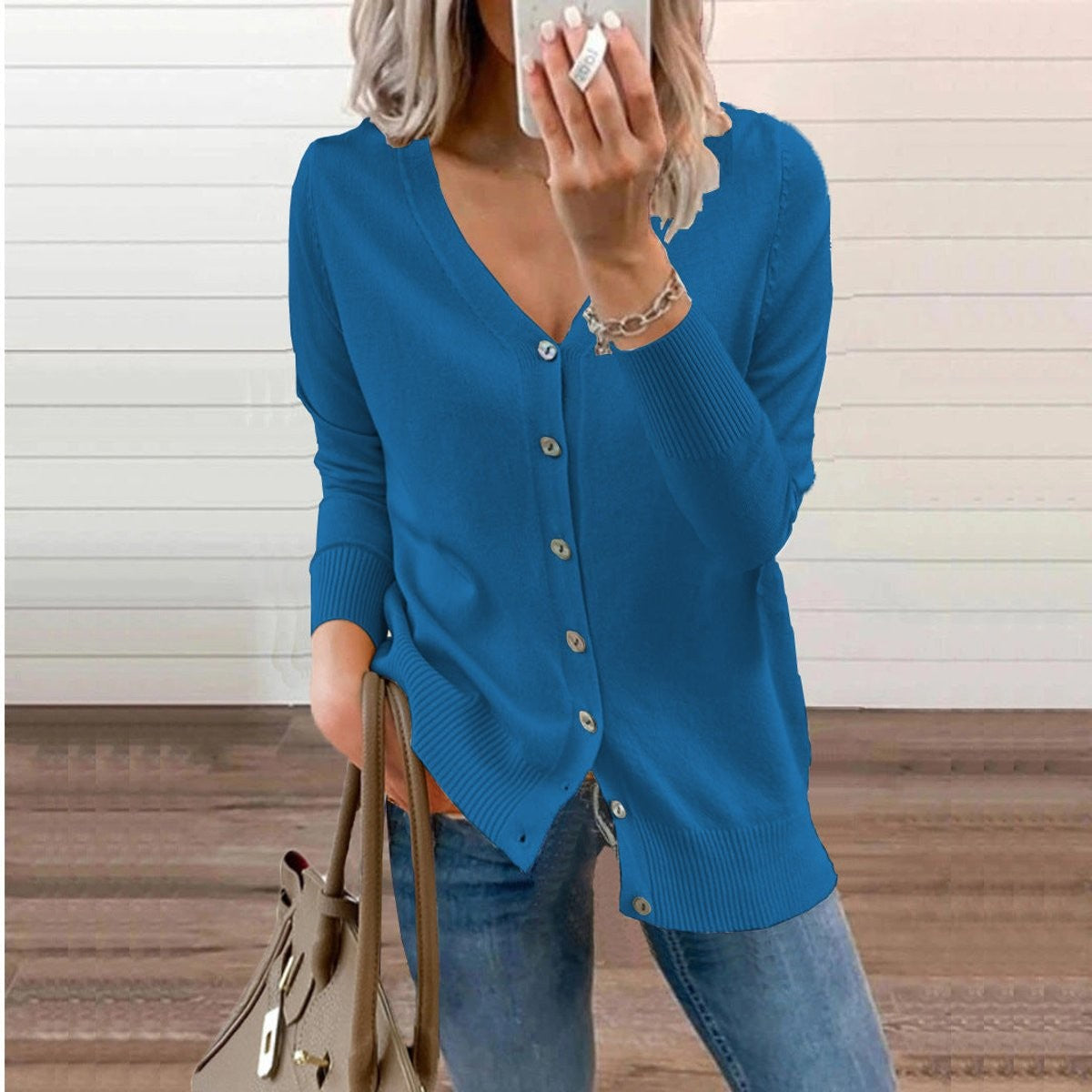 Rosalind | Women's V-Neck Button-Front Relaxed-Fit Ribbed-Cuff Cardigan