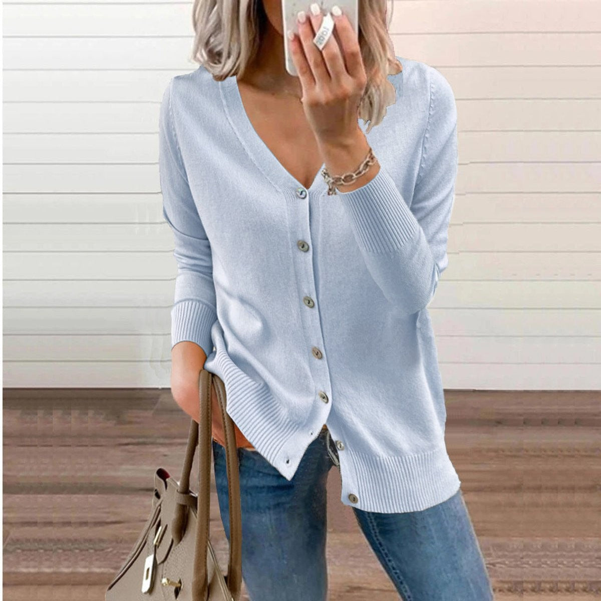 Rosalind | Women's V-Neck Button-Front Relaxed-Fit Ribbed-Cuff Cardigan