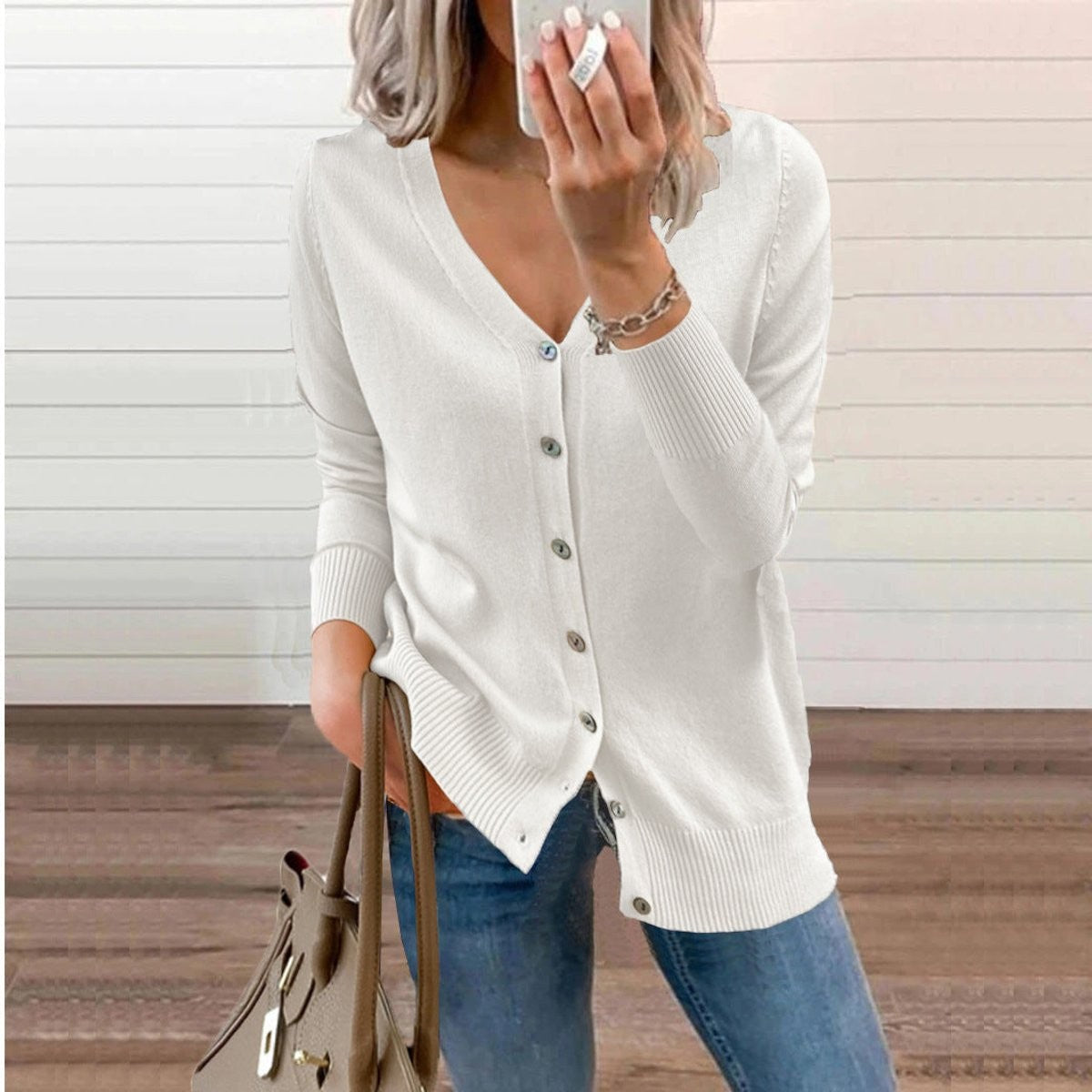Rosalind | Women's V-Neck Button-Front Relaxed-Fit Ribbed-Cuff Cardigan