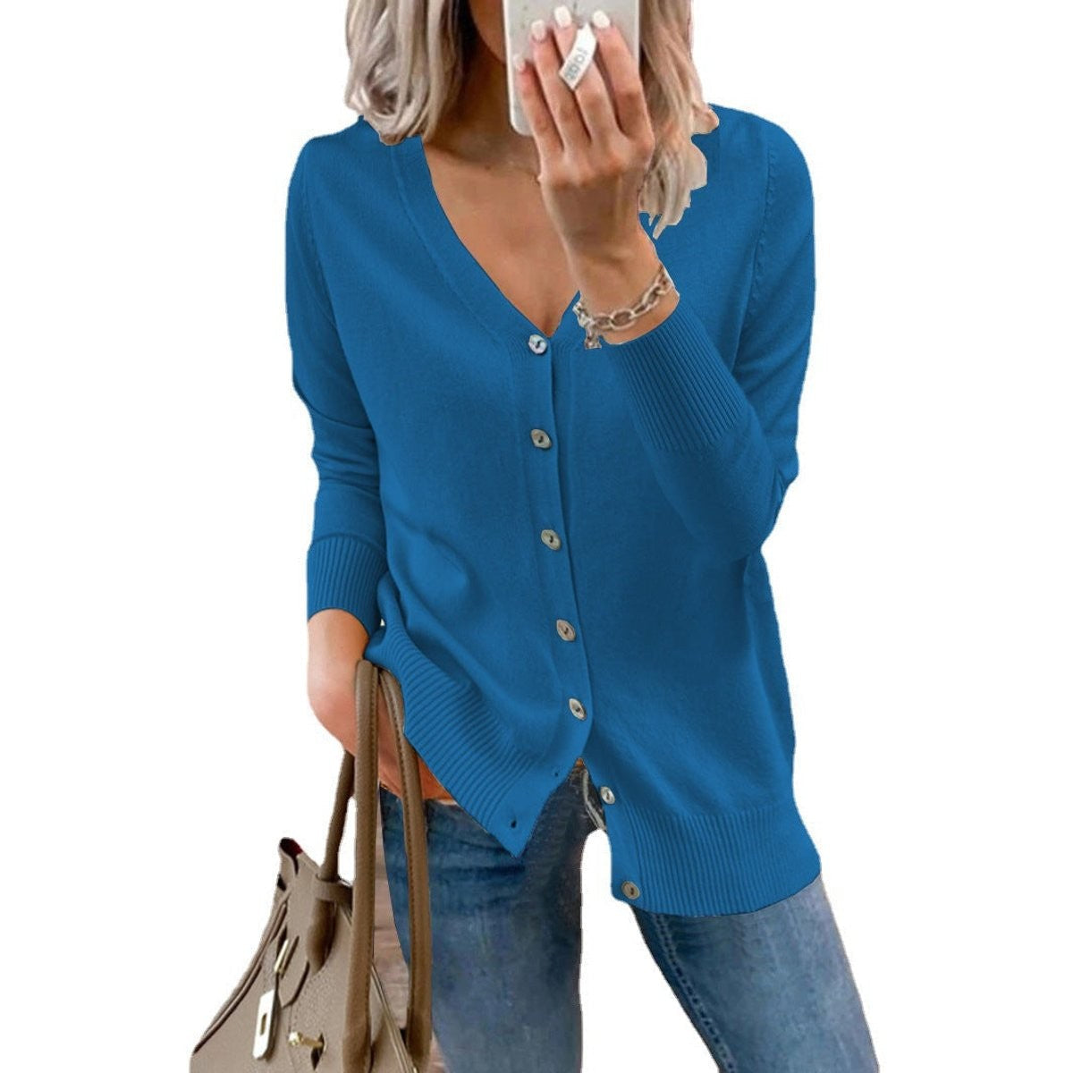 Rosalind | Women's V-Neck Button-Front Relaxed-Fit Ribbed-Cuff Cardigan
