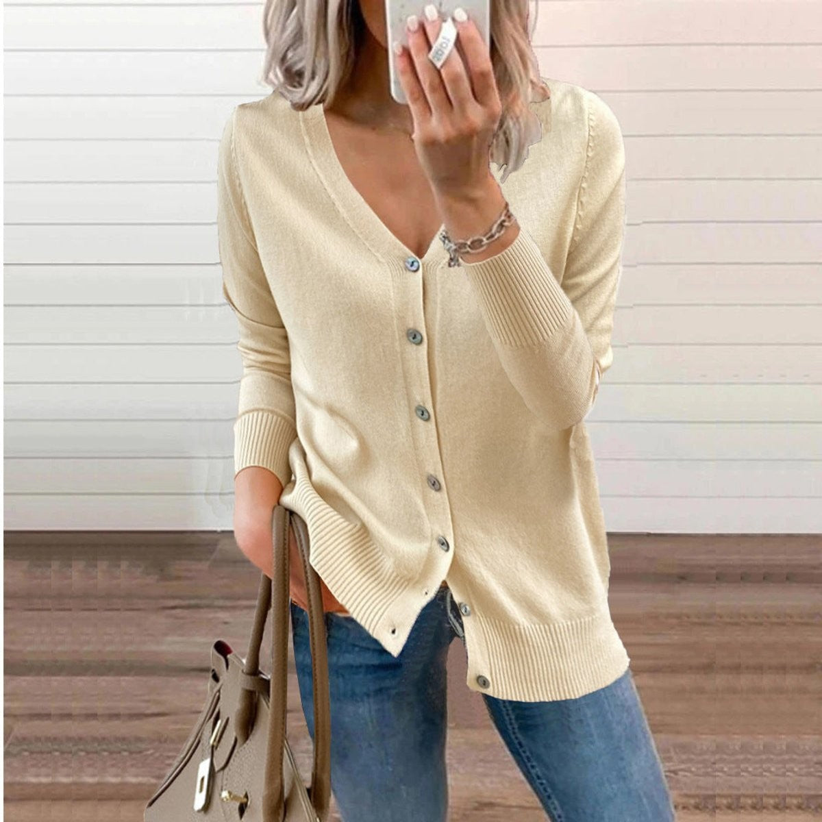 Rosalind | Women's V-Neck Button-Front Relaxed-Fit Ribbed-Cuff Cardigan