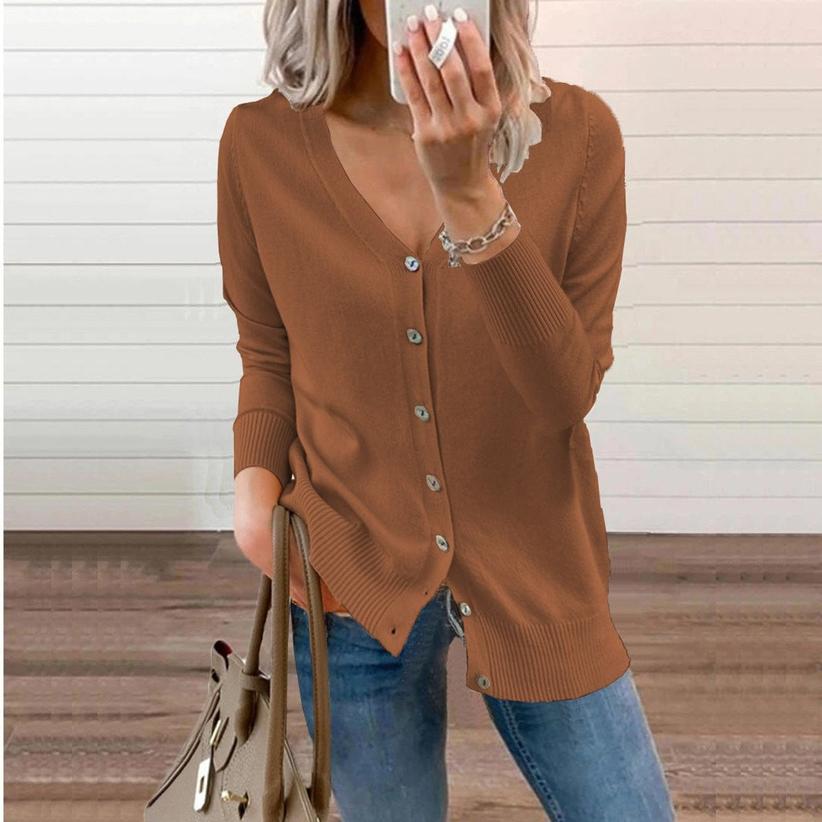 Rosalind | Women's V-Neck Button-Front Relaxed-Fit Ribbed-Cuff Cardigan