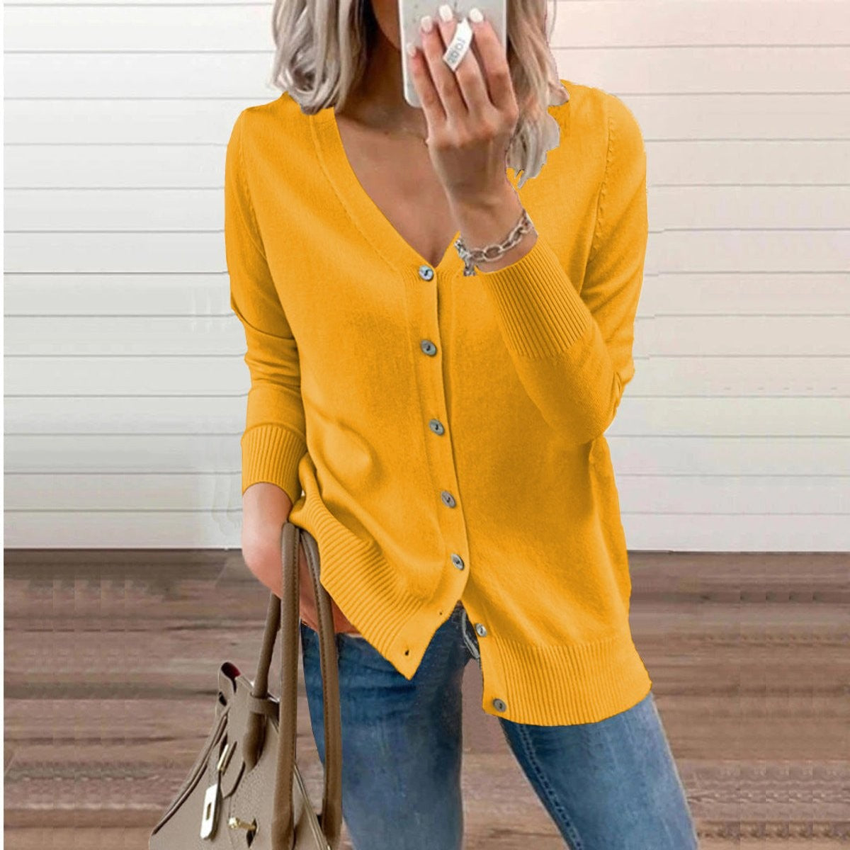 Rosalind | Women's V-Neck Button-Front Relaxed-Fit Ribbed-Cuff Cardigan