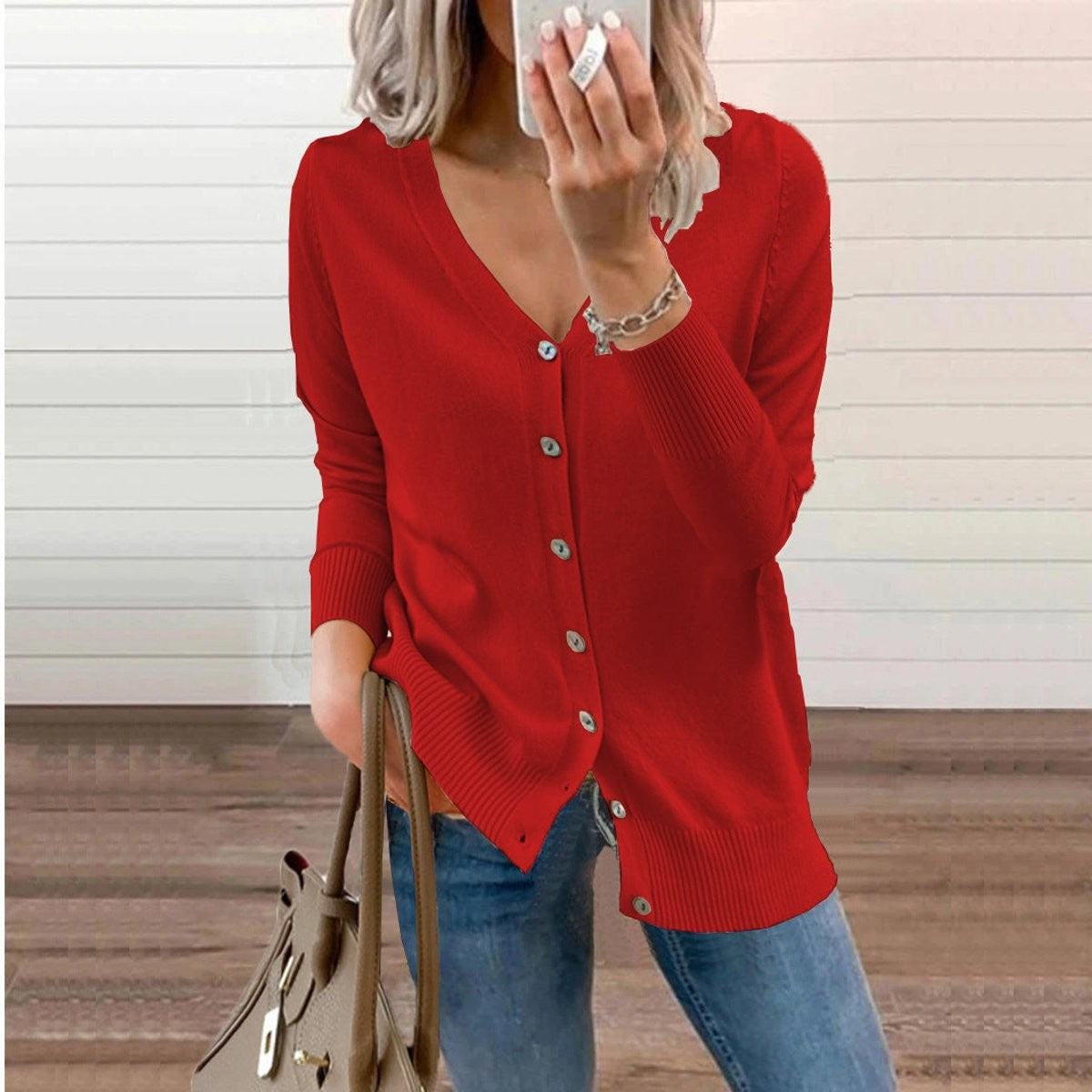 Rosalind | Women's V-Neck Button-Front Relaxed-Fit Ribbed-Cuff Cardigan