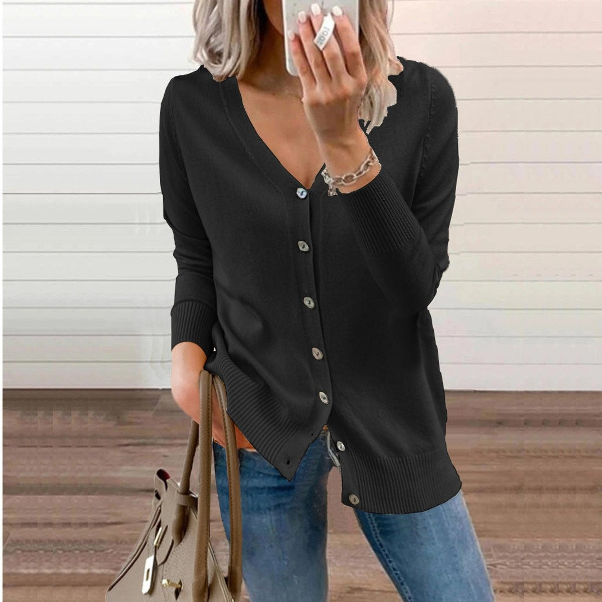 Rosalind | Women's V-Neck Button-Front Relaxed-Fit Ribbed-Cuff Cardigan