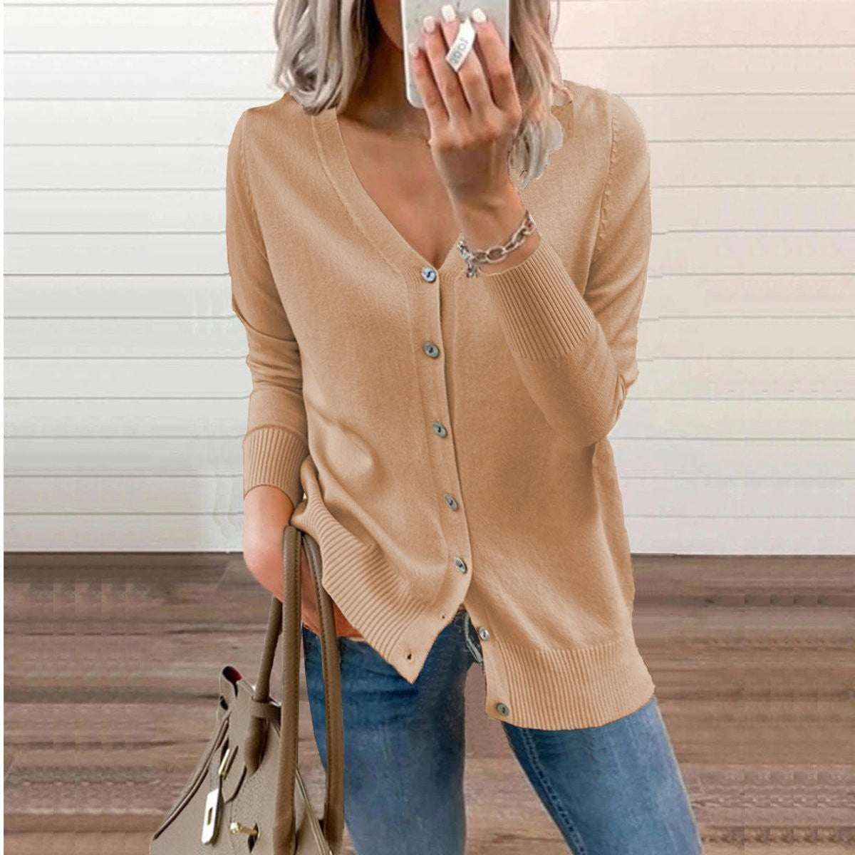 Rosalind | Women's V-Neck Button-Front Relaxed-Fit Ribbed-Cuff Cardigan