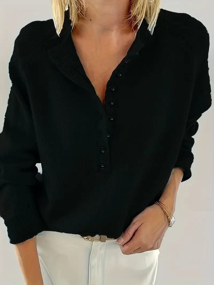 Marina | Women's V-Neck Half-Button Relaxed Knit Pullover Sweater