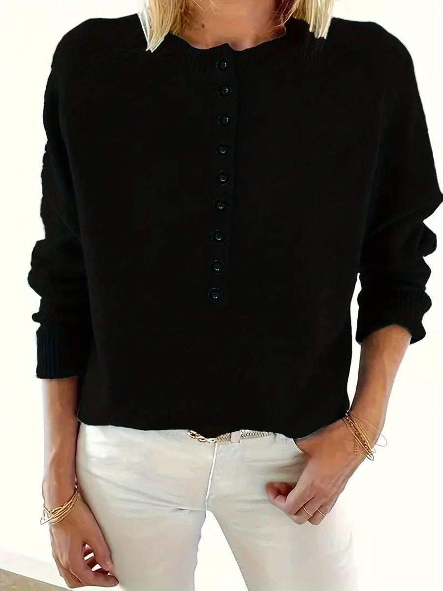 Marina | Women's V-Neck Half-Button Relaxed Knit Pullover Sweater