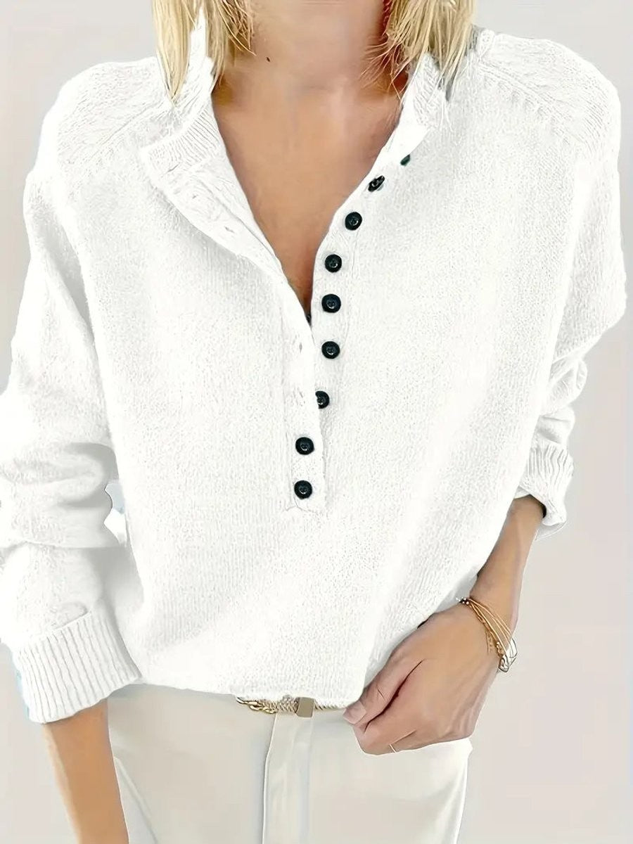 Marina | Women's V-Neck Half-Button Relaxed Knit Pullover Sweater