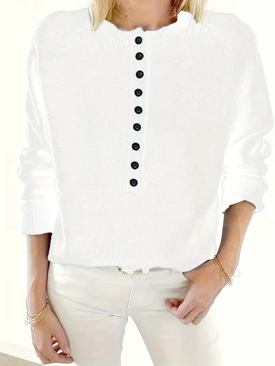 Marina | Women's V-Neck Half-Button Relaxed Knit Pullover Sweater